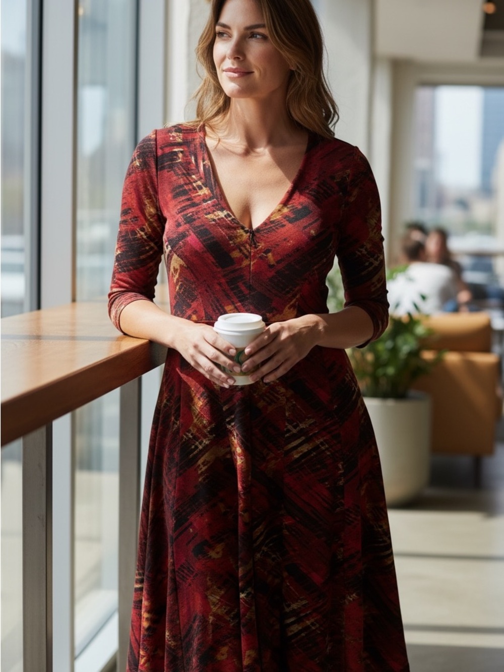 V-Neck Red Patterned Midi Dress